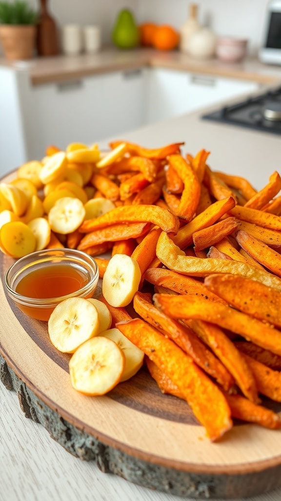 A colorful assortment of air fryer sweet snacks including apple chips, banana chips, and sweet potato fries on a wooden platter.